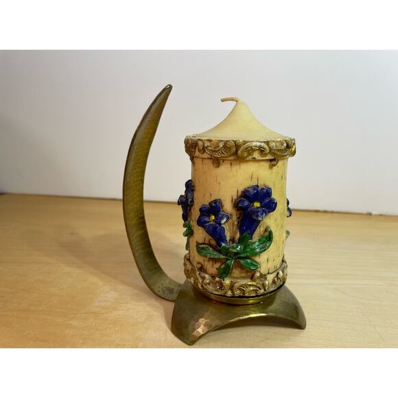 Rare Vintage Handarbeit Brass Swivel Candleholder Handmade Floral Wax Candle - Picture 1 of 11